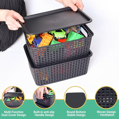 Ohmlove Plastic Storage Baskets with Lid-Plastic Storage Containers Stackable Storage bins: Storage Baskets for Organizing Shelves Drawers Desktop Closet Playroom Classroom Office, 8Pack-Black10.2x7.2x4.1Inch - Image 3