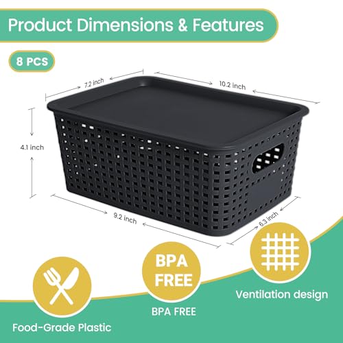 Ohmlove Plastic Storage Baskets with Lid-Plastic Storage Containers Stackable Storage bins: Storage Baskets for Organizing Shelves Drawers Desktop Closet Playroom Classroom Office, 8Pack-Black10.2x7.2x4.1Inch - Image 2