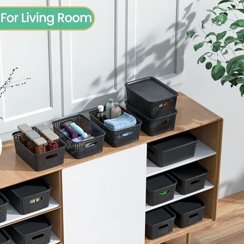 Ohmlove Plastic Storage Baskets with Lid-Plastic Storage Containers Stackable Storage bins: Storage Baskets for Organizing Shelves Drawers Desktop Closet Playroom Classroom Office, 8Pack-Black10.2x7.2x4.1Inch - Image 4