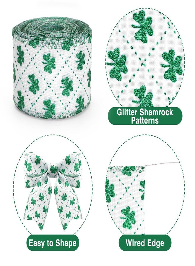 KINGLAKE St Patrick's Day Wired Ribbon - 2.5 Inch Glitter Green Shamrock Ribbon Wired for Wreath Bows White Burlap Ribbons with Dotted Line for Crafts Gift Wrapping St. Patricks Day Decoration 11 Yds - Image 3