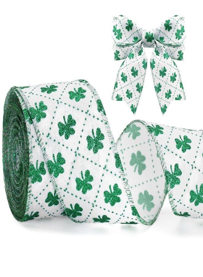 KINGLAKE St Patrick's Day Wired Ribbon - 2.5 Inch Glitter Green Shamrock Ribbon Wired for Wreath Bows White Burlap Ribbons with Dotted Line for Crafts Gift Wrapping St. Patricks Day Decoration 11 Yds - Image 1