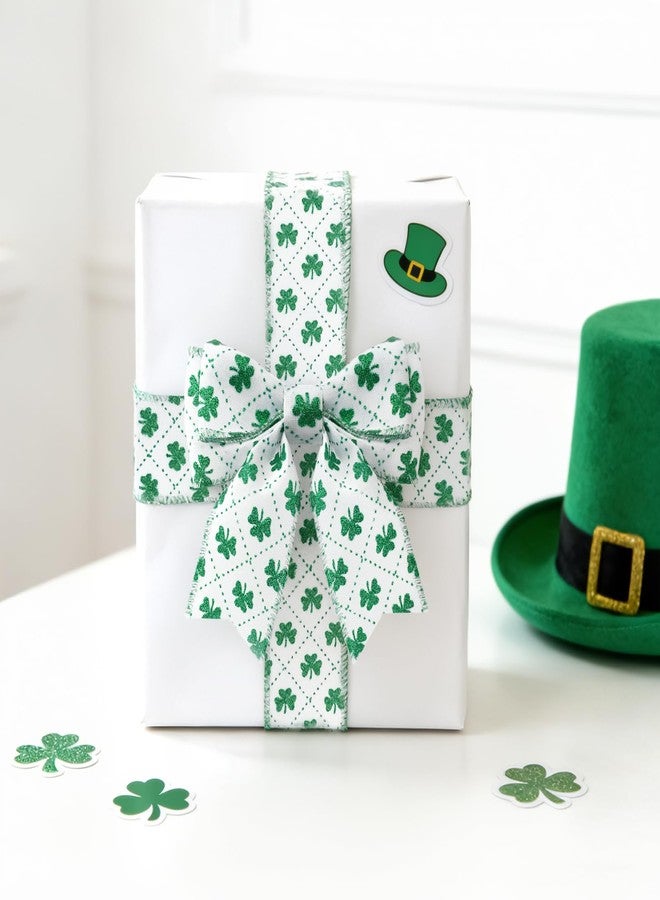 KINGLAKE St Patrick's Day Wired Ribbon - 2.5 Inch Glitter Green Shamrock Ribbon Wired for Wreath Bows White Burlap Ribbons with Dotted Line for Crafts Gift Wrapping St. Patricks Day Decoration 11 Yds - Image 4