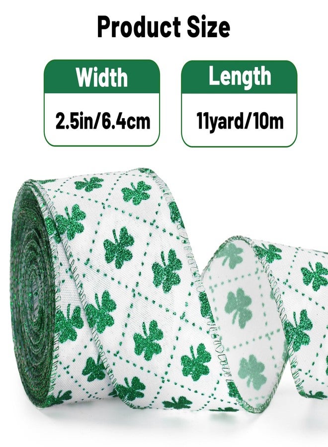 KINGLAKE St Patrick's Day Wired Ribbon - 2.5 Inch Glitter Green Shamrock Ribbon Wired for Wreath Bows White Burlap Ribbons with Dotted Line for Crafts Gift Wrapping St. Patricks Day Decoration 11 Yds - Image 2
