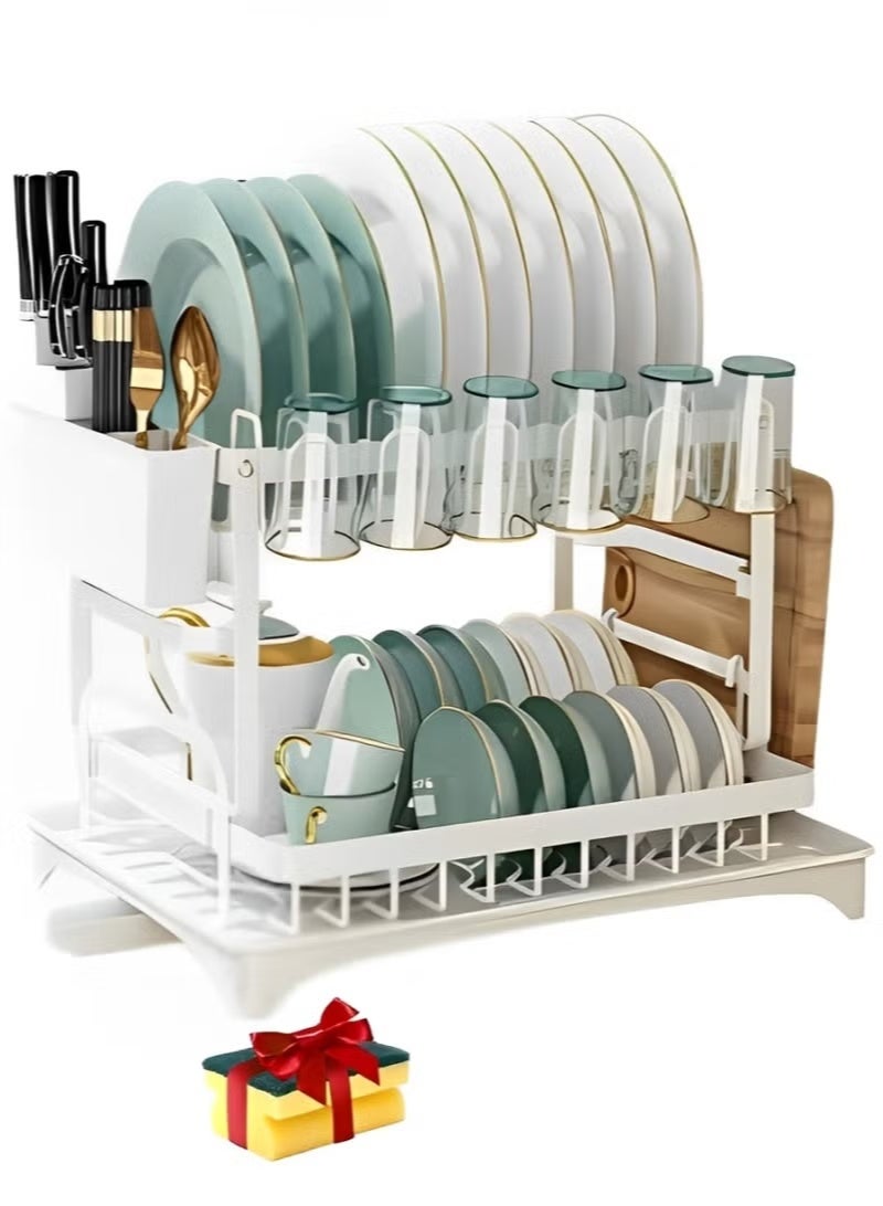 2 Tier Dish Drying Rack for Kitchen Counter – Dish Rack with Drainboard, Kitchen Organizer, Metal Dish Drainers, Kitchen Racks and Organisers (White)