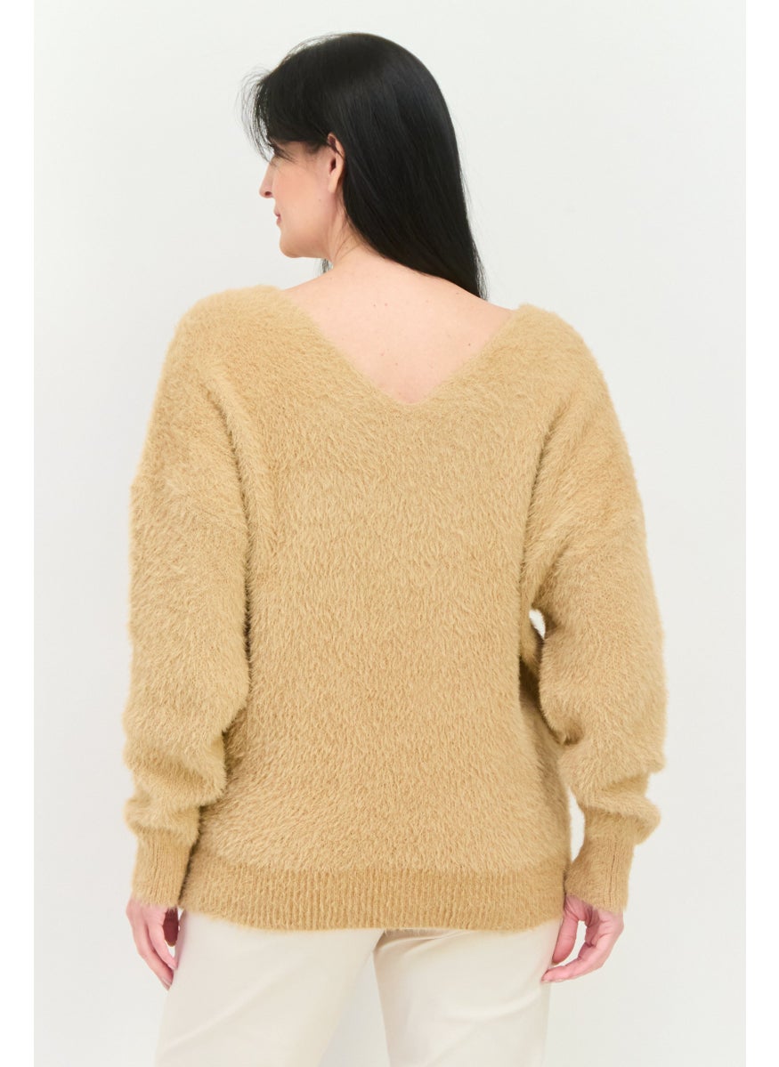 Sage The Label - Women V Neck Knitted Sweater, Tan - Image 1