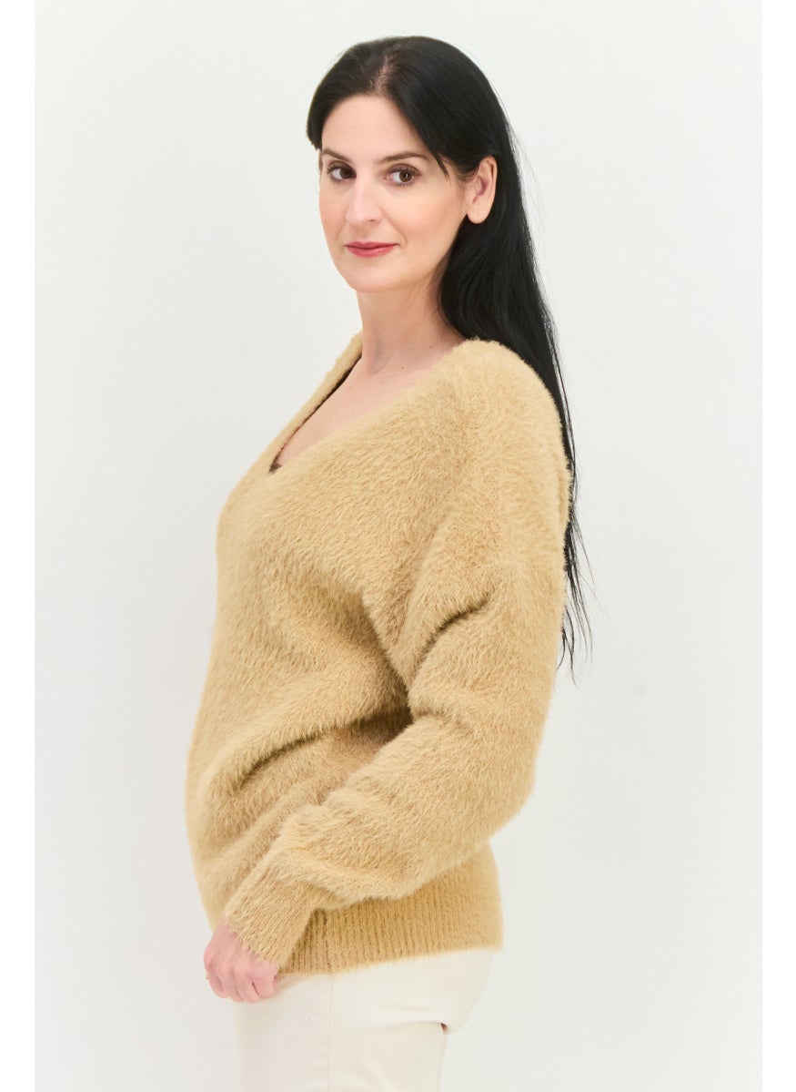 Sage The Label - Women V Neck Knitted Sweater, Tan - Image 1