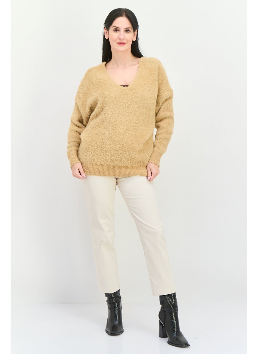 Sage The Label - Women V Neck Knitted Sweater, Tan - Image 1