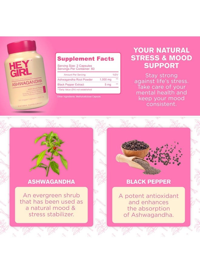 HEY GIRL NUTRITION Ashwagandha Capsules 1005mg - Ashwagandha Powder with Organic Black Pepper | 120 Pills Pure Ashwagandha Powder and Root Extract | Natural Mood & Stress Support, Energy, Focus, Thyroid Ashwaganda - Image 4