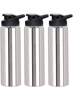 Kuber Industries Stainless Steel 3 Pieces Sport Water Bottle Set with Straw Flip Cap 1 LTR (Silver) -CTKTC21642
