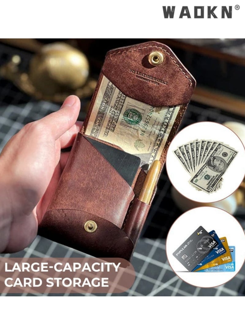 WAOKN Vintage PU Leather Anti RFID Skimming Wallet ，Minimalist Pocket Change Purse for Men & Women, Anti-Cut Slim Snap Closure Short Wallet with Multi Card Slots & Cash Pocket, Unisex Retro Expandable Wallet for Daily Business, With Pen Slots，for Men Women Business Daily Sports Hiking Backpacking Shopping Travel - Image 2
