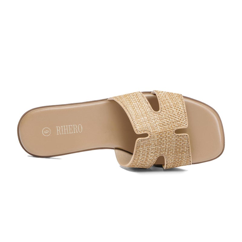 Rihero Women's Dressy Flat Sandals Comfortable Slip On Leather Slide Raffia Sandals - Image 5