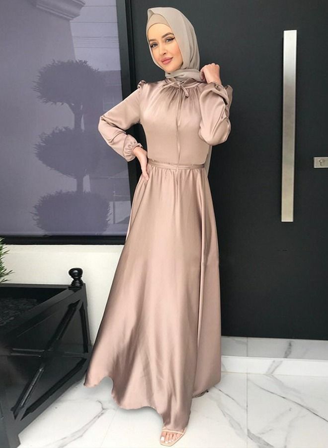 Loquat Women's Elegant Full Length Satin Dress Women's Solid Color Long Sleeves Tunic Dress Light Brown 