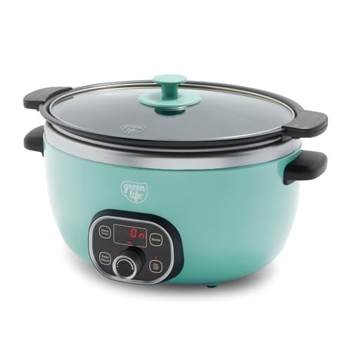 GreenLife 6QT Ceramic Slow Cooker, PFAS-Free, Programmable, Removable Healthy Nonstick Pot for Family Meals, Sear on Stovetop, Keep Warm, Digital Timer, Dishwasher Safe Glass Lid, Turquoise - Image 1