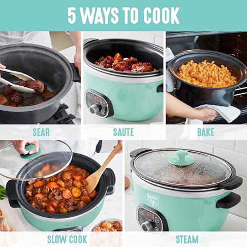 GreenLife 6QT Ceramic Slow Cooker, PFAS-Free, Programmable, Removable Healthy Nonstick Pot for Family Meals, Sear on Stovetop, Keep Warm, Digital Timer, Dishwasher Safe Glass Lid, Turquoise - Image 2