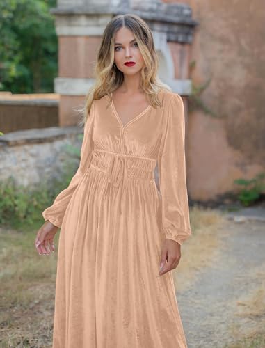 ZAFUL Womens Long Sleeve Velvet Dress 2025 Fall V Neck Holiday Cocktail Party Semi Formal Midi Dresses for Wedding Guest, Champagne, Large - Image 3