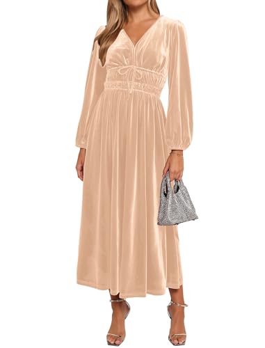 ZAFUL Womens Long Sleeve Velvet Dress 2025 Fall V Neck Holiday Cocktail Party Semi Formal Midi Dresses for Wedding Guest, Champagne, Large - Image 2