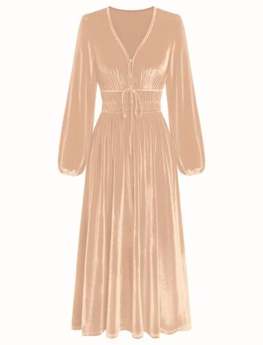 ZAFUL Womens Long Sleeve Velvet Dress 2025 Fall V Neck Holiday Cocktail Party Semi Formal Midi Dresses for Wedding Guest, Champagne, Large - Image 1