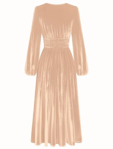 ZAFUL Womens Long Sleeve Velvet Dress 2025 Fall V Neck Holiday Cocktail Party Semi Formal Midi Dresses for Wedding Guest, Champagne, Large - Image 4