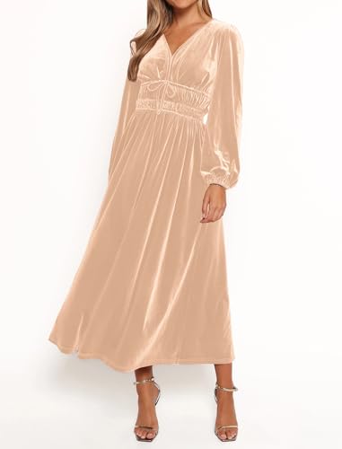 ZAFUL Womens Long Sleeve Velvet Dress 2025 Fall V Neck Holiday Cocktail Party Semi Formal Midi Dresses for Wedding Guest, Champagne, Large - Image 5