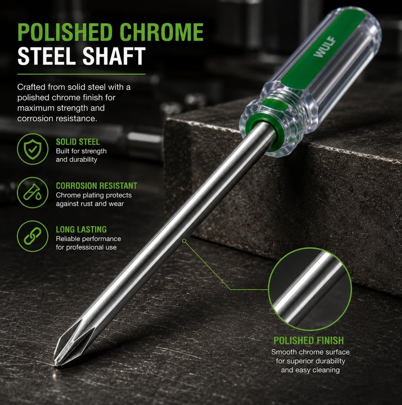 WULF 10-Inch Phillips Screwdriver with Ergonomic Crystal Green Handle, Premium Hardened Steel Cross Head Blade for Extra-Long Reach, Heavy-Duty Precision Fastening Tool for Electrical, Industrial & Professional DIY Repair - Image 4