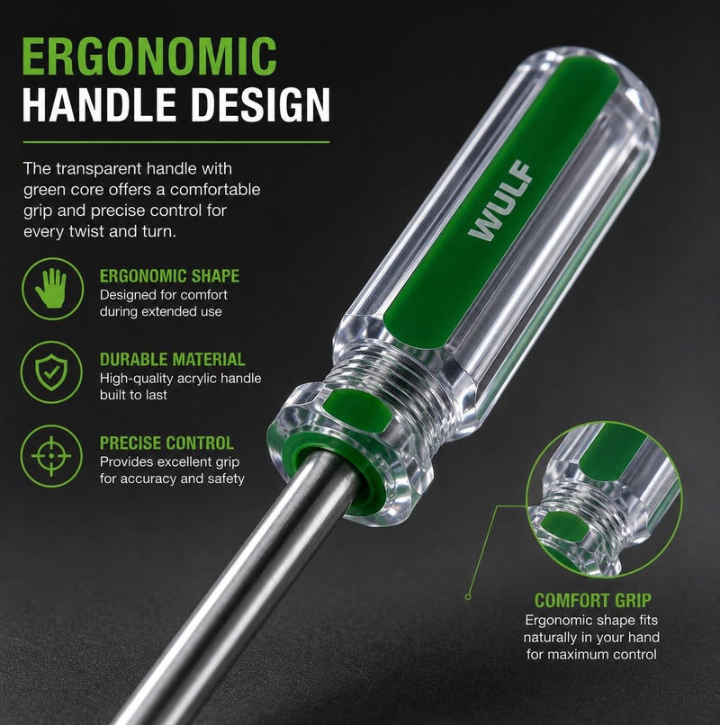 WULF 10-Inch Phillips Screwdriver with Ergonomic Crystal Green Handle, Premium Hardened Steel Cross Head Blade for Extra-Long Reach, Heavy-Duty Precision Fastening Tool for Electrical, Industrial & Professional DIY Repair - Image 3