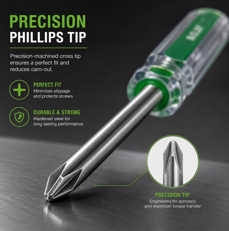 WULF 10-Inch Phillips Screwdriver with Ergonomic Crystal Green Handle, Premium Hardened Steel Cross Head Blade for Extra-Long Reach, Heavy-Duty Precision Fastening Tool for Electrical, Industrial & Professional DIY Repair - Image 2