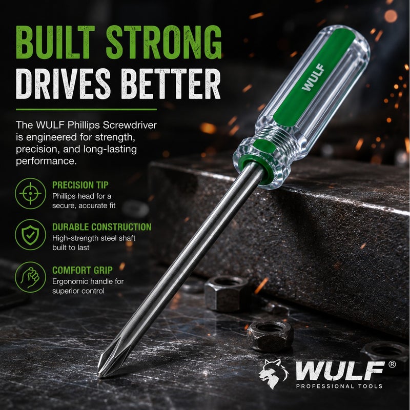 WULF 10-Inch Phillips Screwdriver with Ergonomic Crystal Green Handle, Premium Hardened Steel Cross Head Blade for Extra-Long Reach, Heavy-Duty Precision Fastening Tool for Electrical, Industrial & Professional DIY Repair - Image 5