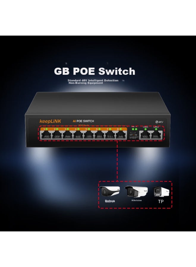 Keeplink Kp-9000 100mbps 10-port Poe Switch, Ai Intelligent Surveillance Camera Separator Switch, 90w - Image 2