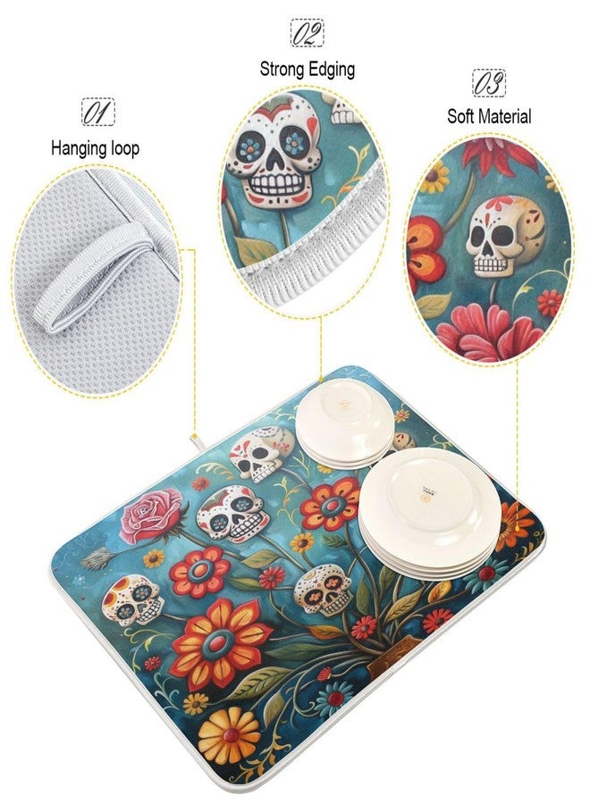 ZzWwR Attractive Kitchen Countertop Dish Drying Mat, Art Sugar Skulls Flower Day Of Dead 18"" x 24"" Large Absorbent Slip-Resistant Table Protector Multipurpose Counter Rack Sink Drainer Pad, Floral - Image 3