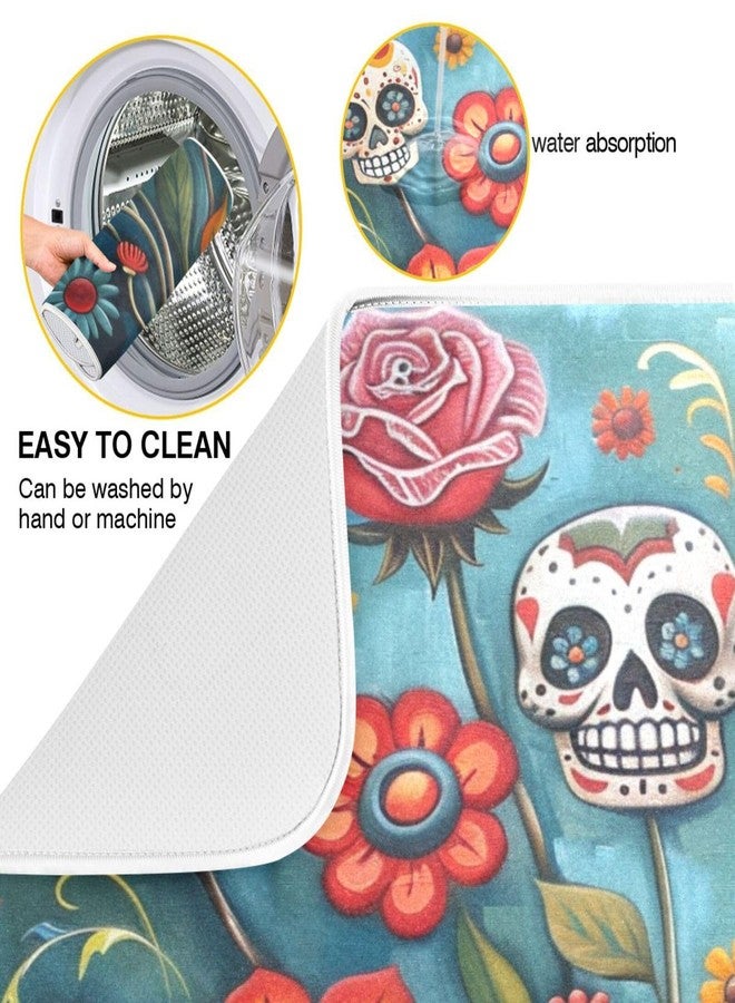 ZzWwR Attractive Kitchen Countertop Dish Drying Mat, Art Sugar Skulls Flower Day Of Dead 18"" x 24"" Large Absorbent Slip-Resistant Table Protector Multipurpose Counter Rack Sink Drainer Pad, Floral - Image 4