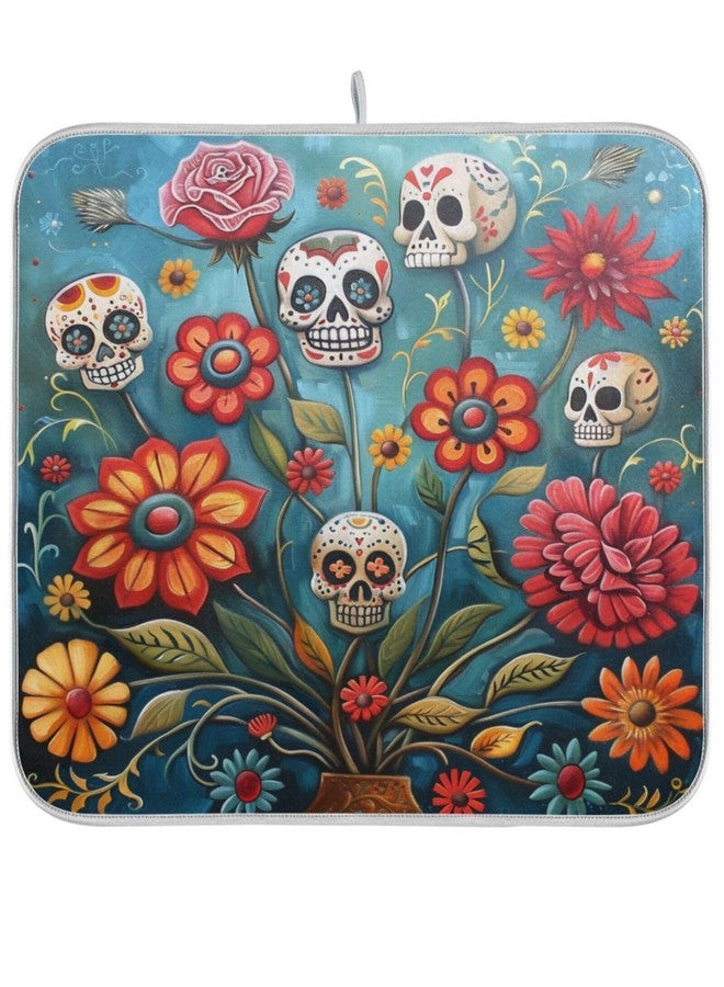 ZzWwR Attractive Kitchen Countertop Dish Drying Mat, Art Sugar Skulls Flower Day Of Dead 18"" x 24"" Large Absorbent Slip-Resistant Table Protector Multipurpose Counter Rack Sink Drainer Pad, Floral - Image 1