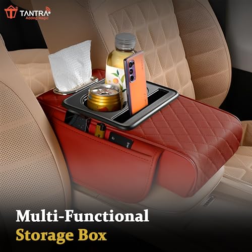 TANTRA Premium Car Armrest Cushion Organizers, 5-in-1 Center Console Cover with 2 Storage Bags Cup Holder, Tissue Box Slot, Phone Slot for Sedans, Car Accessories Interior Organizers (Red) - Image 4