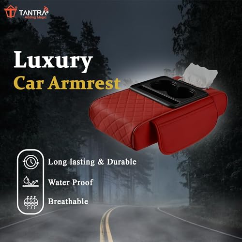 TANTRA Premium Car Armrest Cushion Organizers, 5-in-1 Center Console Cover with 2 Storage Bags Cup Holder, Tissue Box Slot, Phone Slot for Sedans, Car Accessories Interior Organizers (Red) - Image 3