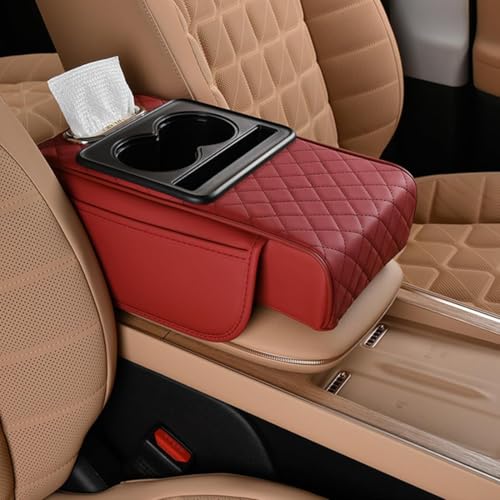 TANTRA Premium Car Armrest Cushion Organizers, 5-in-1 Center Console Cover with 2 Storage Bags Cup Holder, Tissue Box Slot, Phone Slot for Sedans, Car Accessories Interior Organizers (Red) - Image 1