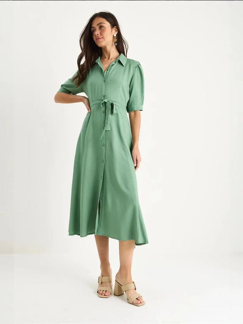Bianco Lucci LUCCI Button Closure Midi Dress with Shirt Collar