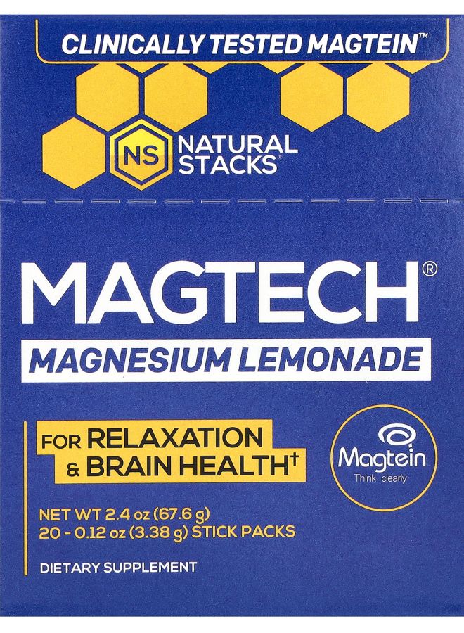 Natural Stacks MagTech Magnesium Lemonade 20 Stick Packs 0.12 oz (3.38 g) Each
