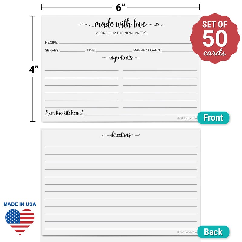 321Done Newlyweds Recipe Cards, Made in the USA - 4x6 White, Cute, Modern Made with Love Heart Calligraphy Design - Double-Sided - For Weddings, Bridal Shower, Bridal Recipe Book - Set of 50 - Image 2
