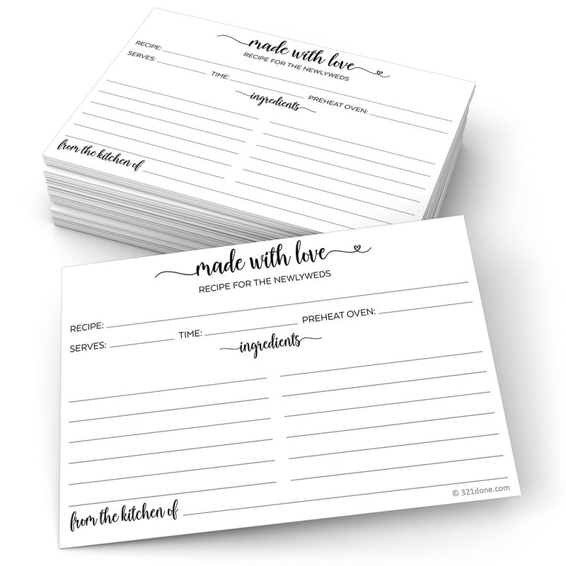 321Done Newlyweds Recipe Cards, Made in the USA - 4x6 White, Cute, Modern Made with Love Heart Calligraphy Design - Double-Sided - For Weddings, Bridal Shower, Bridal Recipe Book - Set of 50 - Image 1