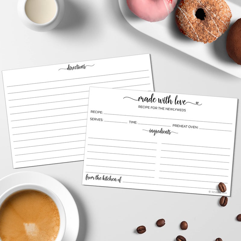 321Done Newlyweds Recipe Cards, Made in the USA - 4x6 White, Cute, Modern Made with Love Heart Calligraphy Design - Double-Sided - For Weddings, Bridal Shower, Bridal Recipe Book - Set of 50 - Image 3