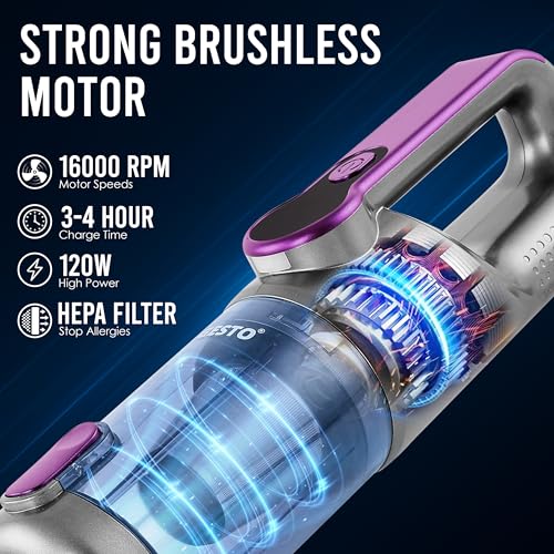 Gesto 3-in-1 Portable Car Vacuum Cleaner & Air Duster | 120W High Power, 16000Pa Brushless Motor, 6000mAh Type-C Rechargeable Cordless Handheld Vacuum with LED Light & Multi Nozzle for Car,office,Home - Image 5