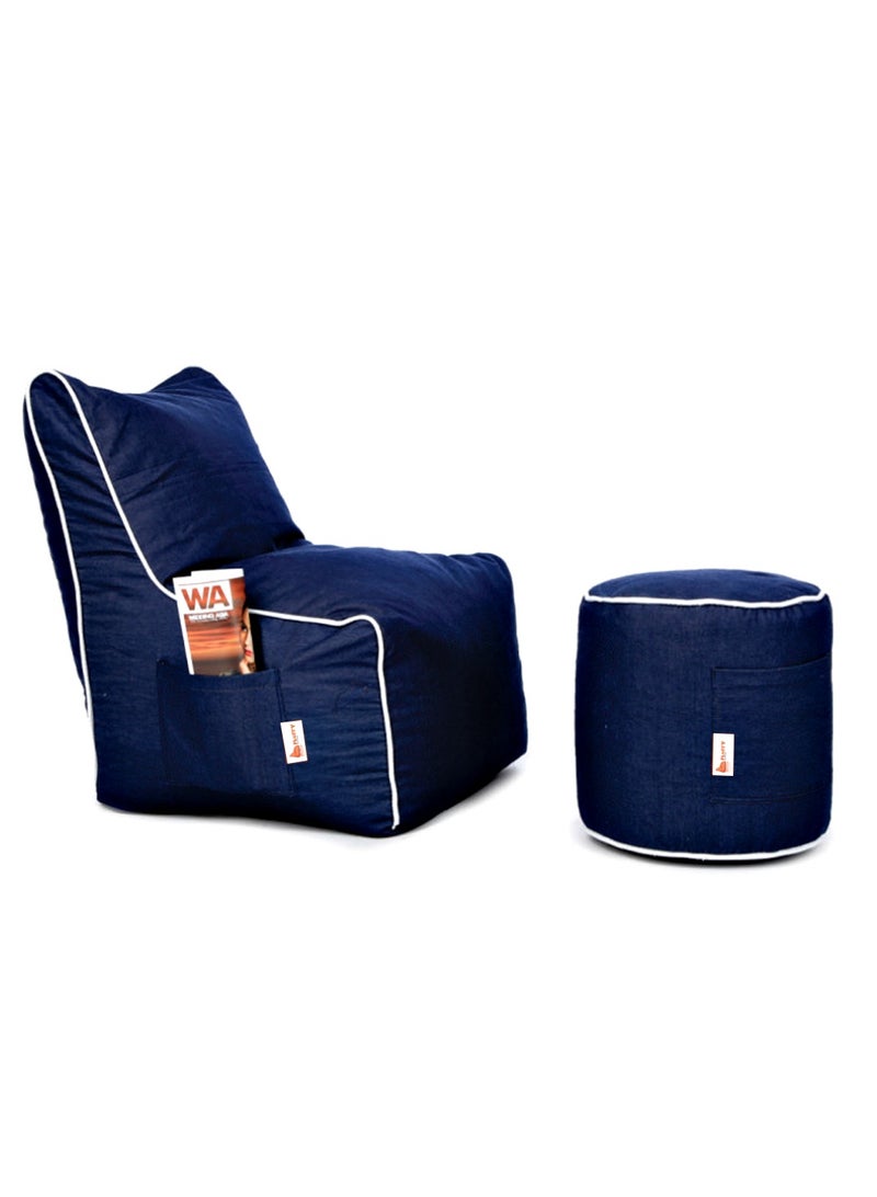 Fluffy Can bean bags Denim Bean Bag with Piping and Footstool Navy Blue XXXL - Image 1