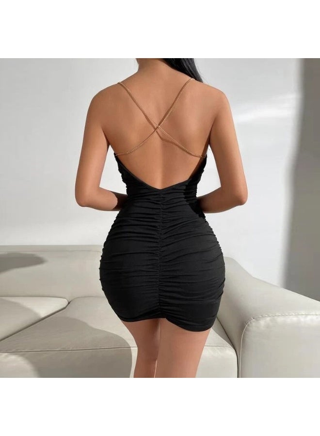 European And American Hot Women's Clothing Elegant Draped Collar Chain Detail Cross Strap Exposed Backpack Hip Dress - Image 4