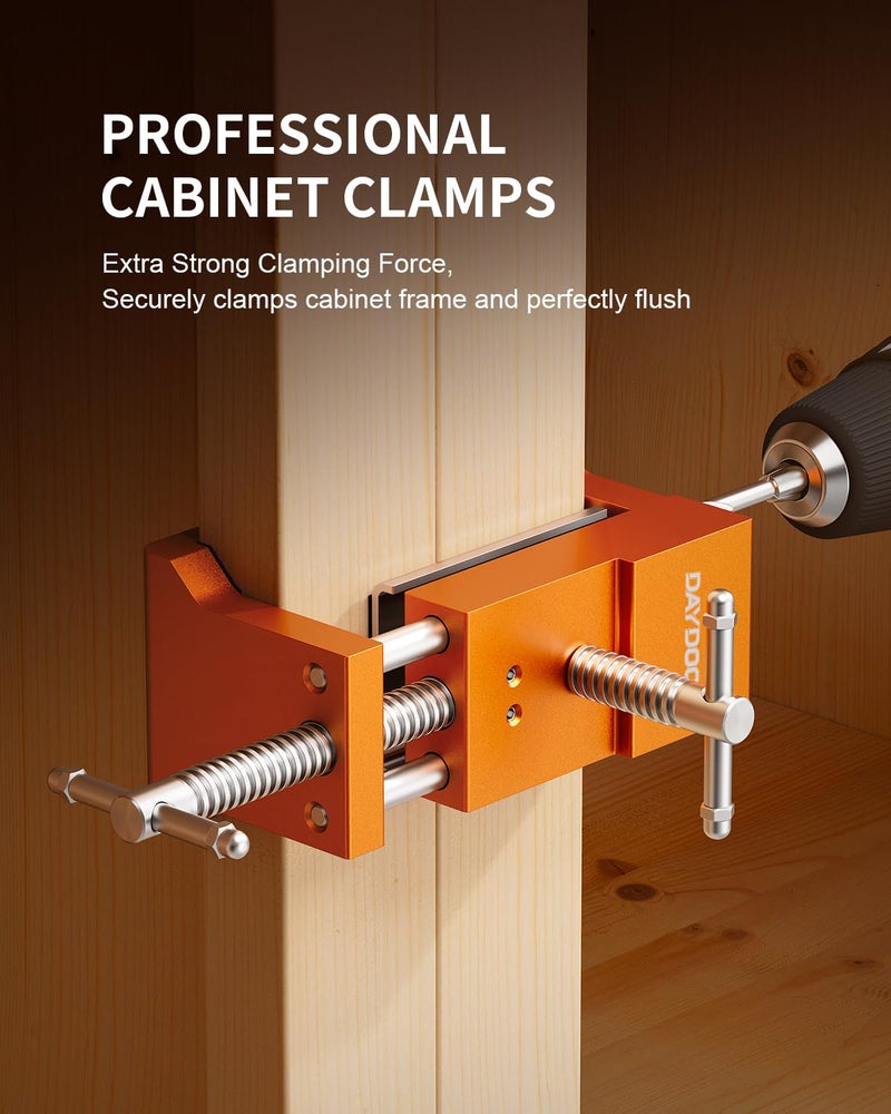 DAYDOOR Professional Cabinet Clamps 2 Pack, Heavy-Duty Cast Steel, Integrated Drill Guide & EVA Protection, Face Frame Alignment Tool for Cabinet Installation & Woodworking, Orange - Image 2