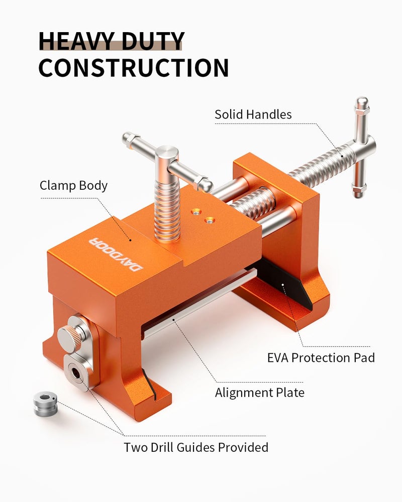 DAYDOOR Professional Cabinet Clamps 2 Pack, Heavy-Duty Cast Steel, Integrated Drill Guide & EVA Protection, Face Frame Alignment Tool for Cabinet Installation & Woodworking, Orange - Image 3