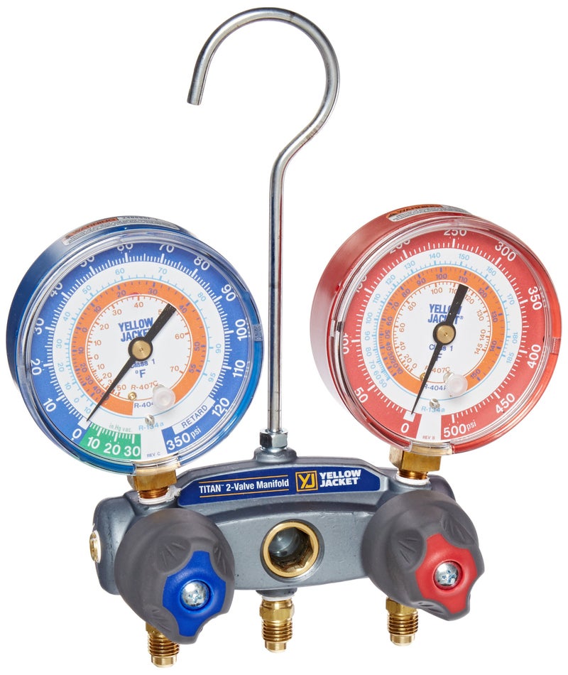 Yellow Jacket 49832 Titan 2-V Charging Manifold Gauges R-134a/404A/407C - Image 1