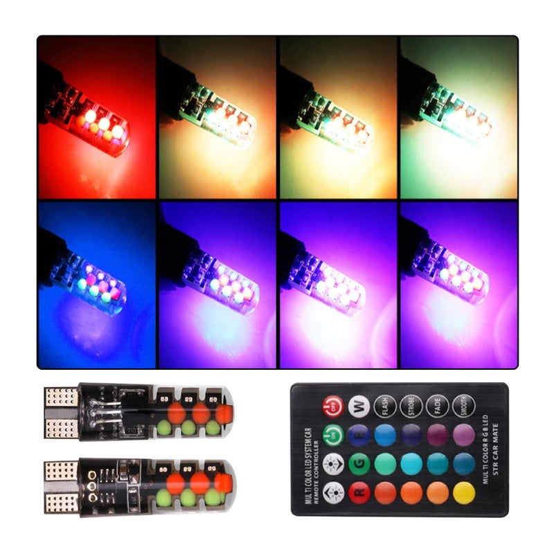 HIPOPY Car T10 RGB LED Bulb Width Light with Remote Control, 2pcs Multi Mode Auto Replacement Strobe Light, COB Wedge for Interior Map Dome Door License Plate Light Reading Trunk Lights - Image 1