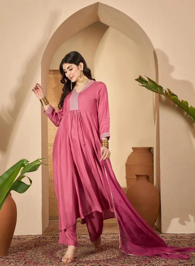 Sanskrutihomes  Pink Embroidered V-Neck Flared Kurta and Pant Set with Dupatta for Women | Best Price UAE