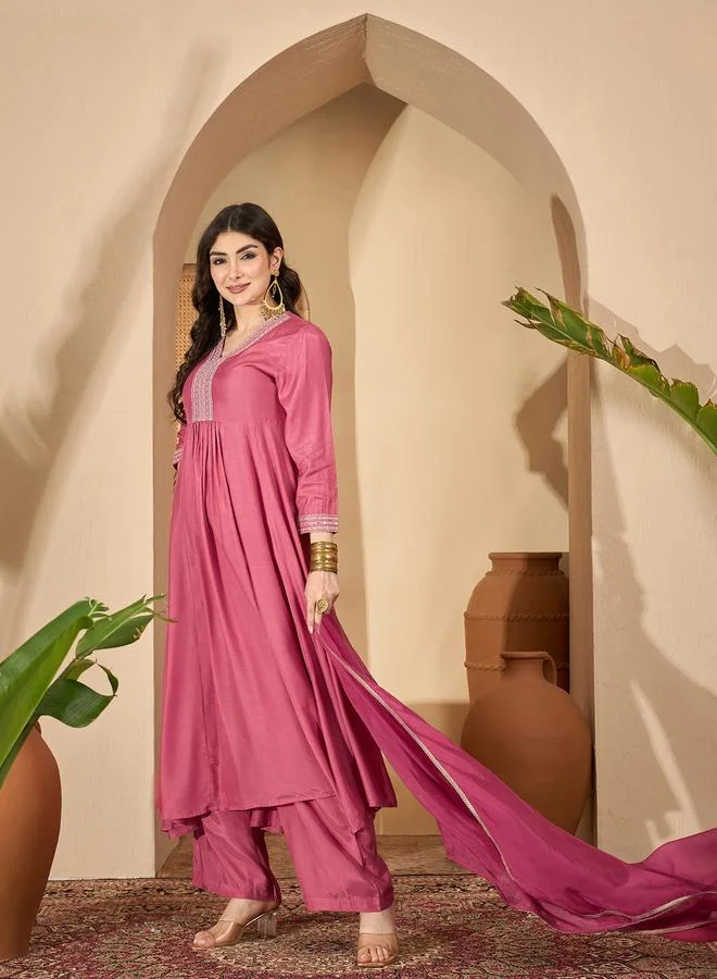 Sanskrutihomes  Pink Embroidered V-Neck Flared Kurta and Pant Set with Dupatta for Women | Best Price UAE