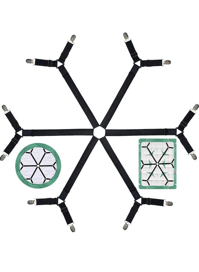 Bed Sheet Holder Straps Adjustable Premium Fitted Suspenders with 6 Way Cross Elastic Bands and Corner Clips for Bedding Mattress Fasteners Black - Image 1