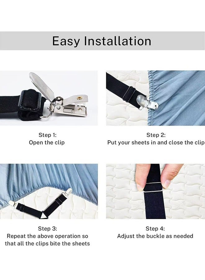 Bed Sheet Holder Straps Adjustable Premium Fitted Suspenders with 6 Way Cross Elastic Bands and Corner Clips for Bedding Mattress Fasteners Black - Image 2